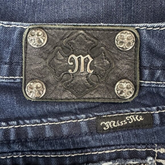 Miss Me Jeans Womens 29 Blue Boot Low Rise Stretch Dark Wash Denim Rhinestones - Picture 4 of 13
